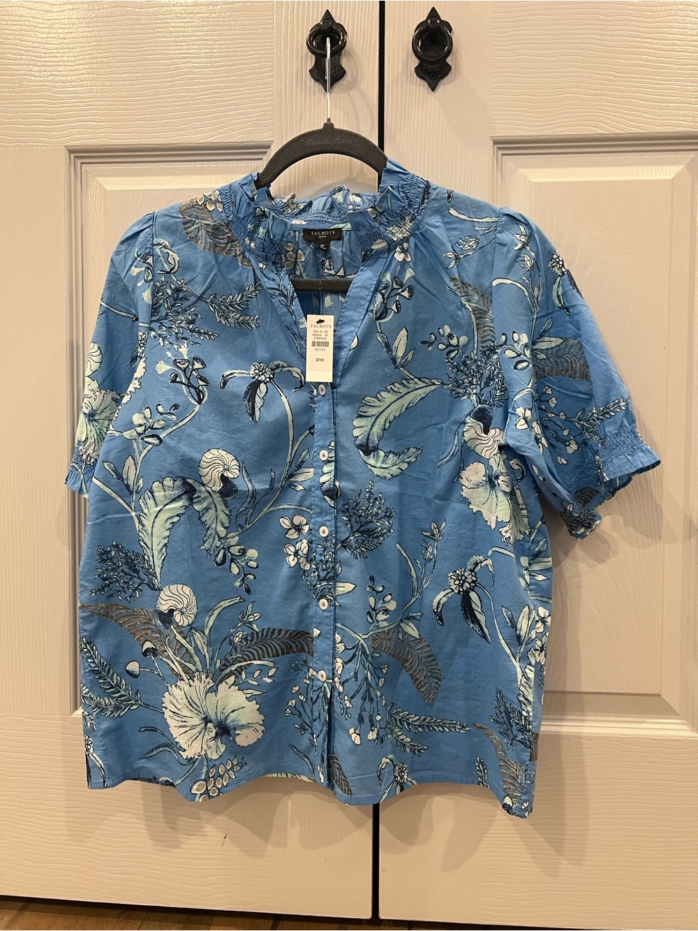 Talbots PM Blue Floral Short-Sleeve Button-Up Shirt